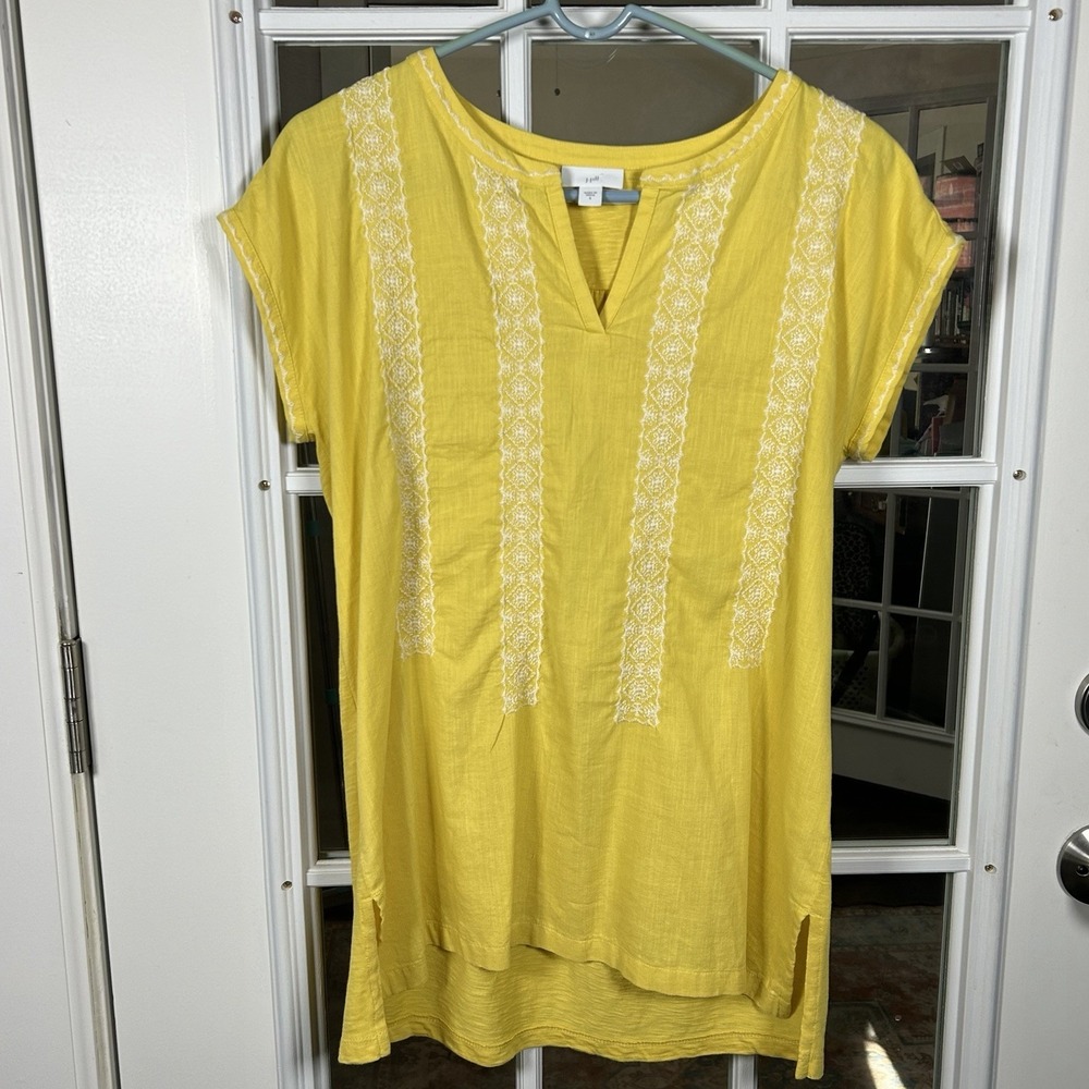 J.Jill Yellow Embroidered Tunic Top Cap Sleeve Boho Blouse Size Small